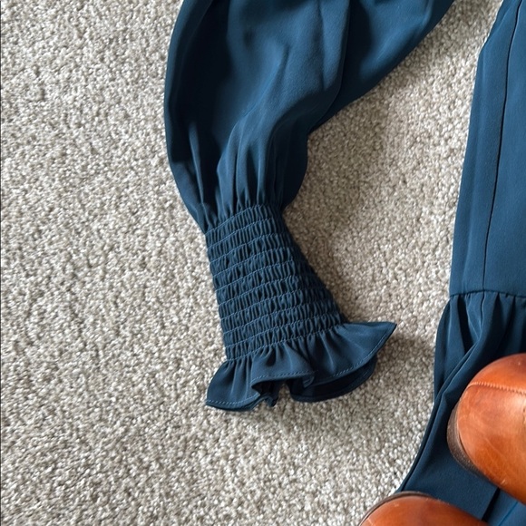 Blue Teal Mini Dress with V-Neck and Bishop Sleeves - Picture 4 of 9